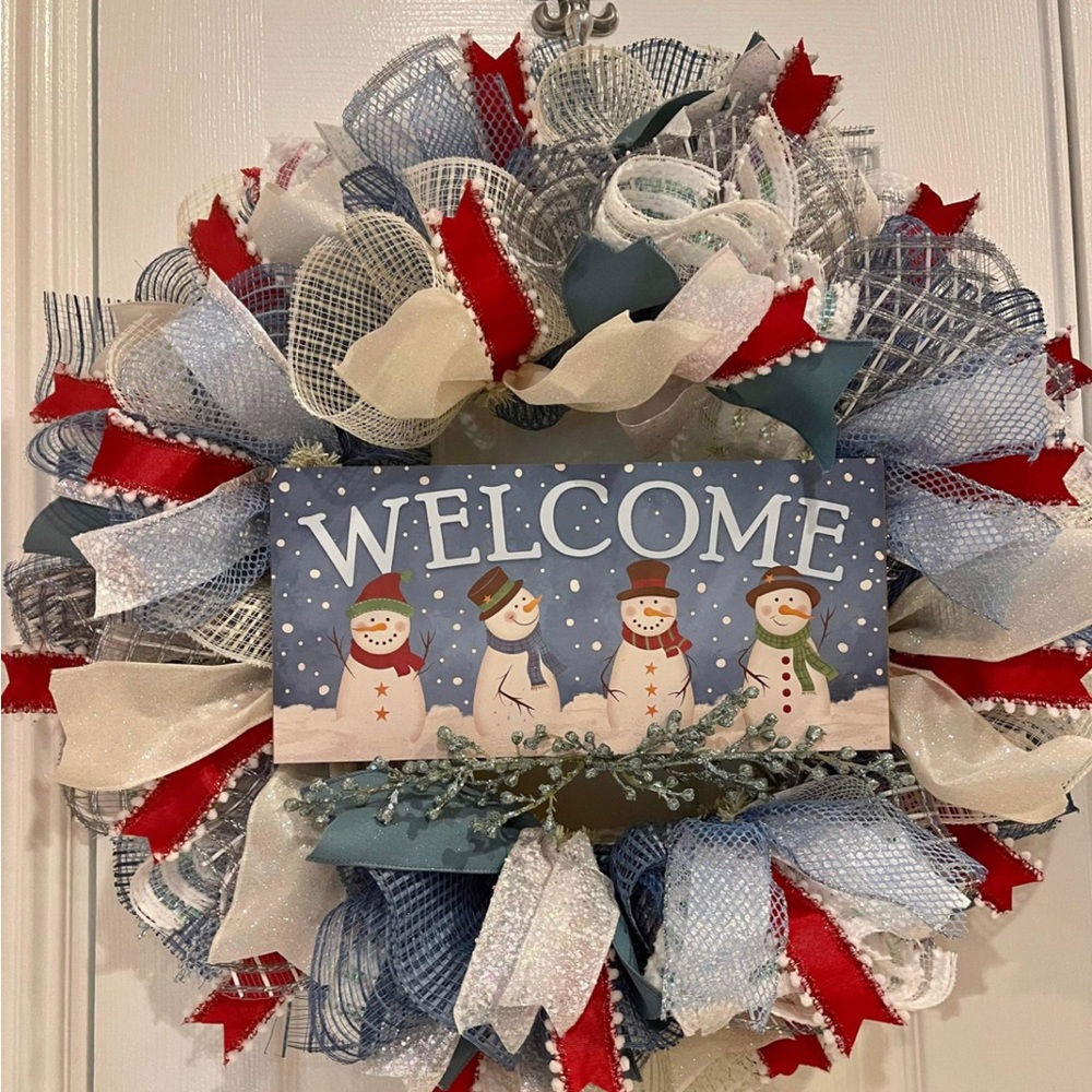 Snowman wreath, Christmas wreath, Snowmen decor, Holiday Snowmen, blue wreath
